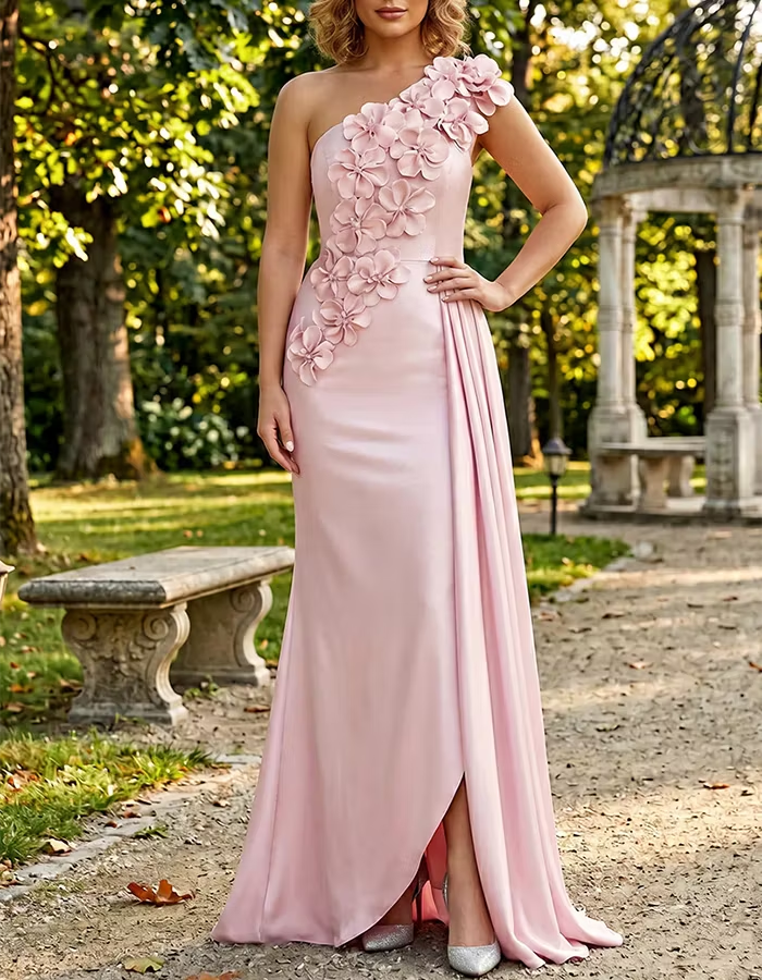 Blush Pink One-Shoulder 3D Floral Evening Dress
