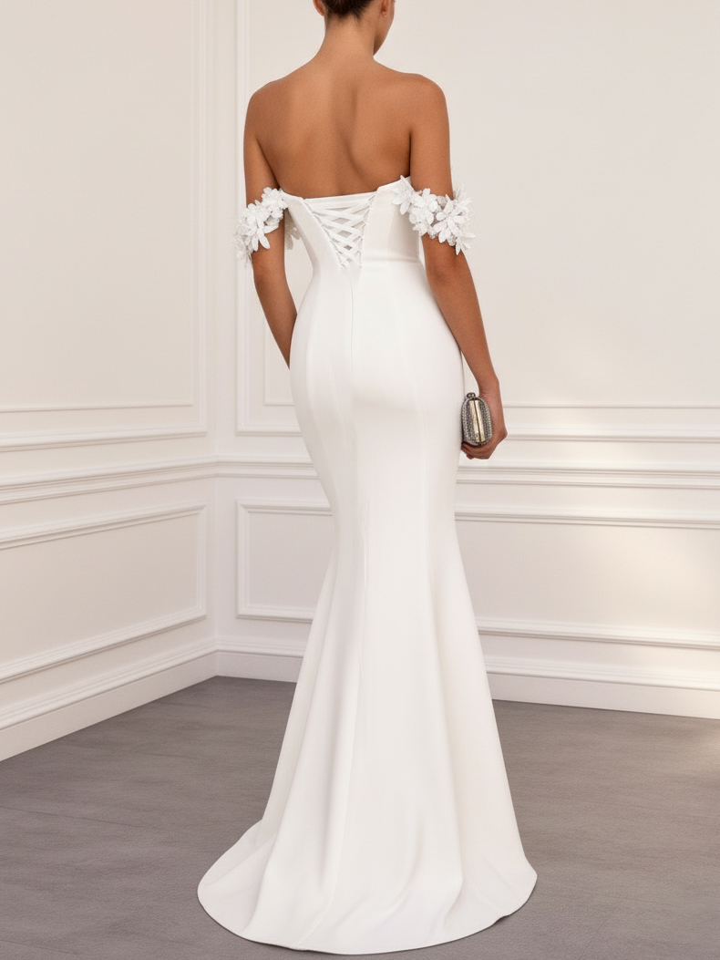 White Off The Shoulder Short Sleeve 3D Floral Ruched Gown Formal Dress