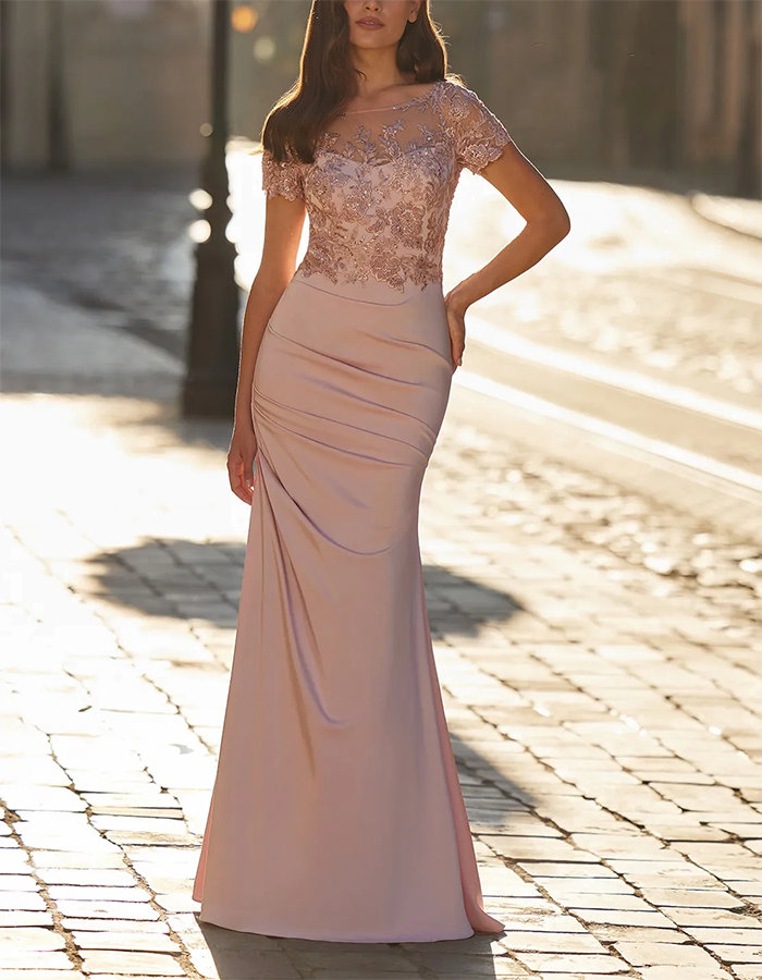 Blush Pink Beaded Lace & Satin Mermaid Maxi Dress