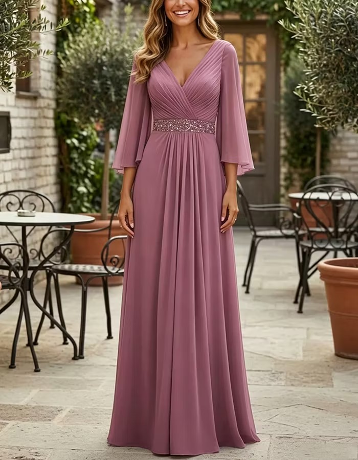 Purple V Flutter Sleeve Sequined Waist Chiffon Maxi Dress