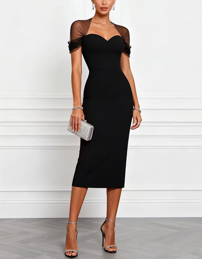 Black Sweetheart Neckline Mesh Sleeve Blended Midi Dress