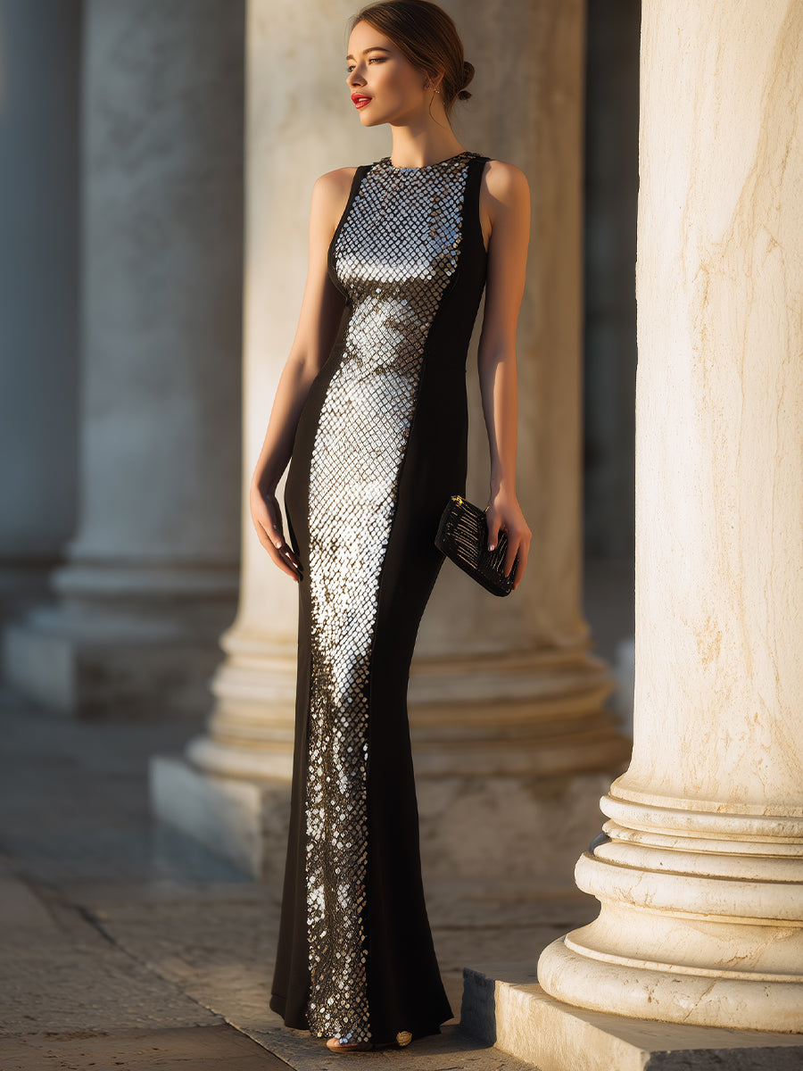Sculpted Panel Evening Gown With Sleeveless Silhouette