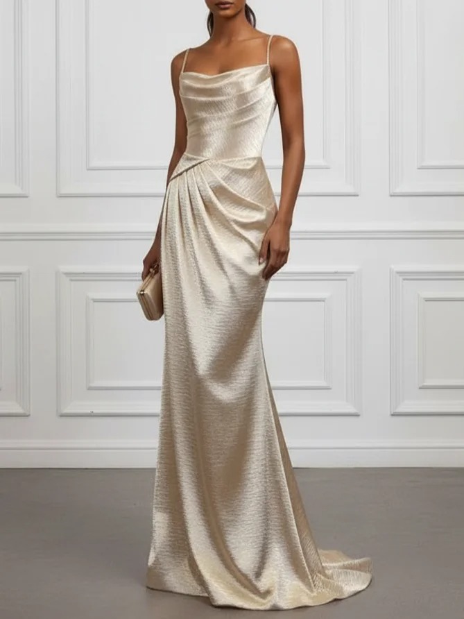 Champagne Ruched Satin Spaghetti Sleeveless Mermaid Gown Dress