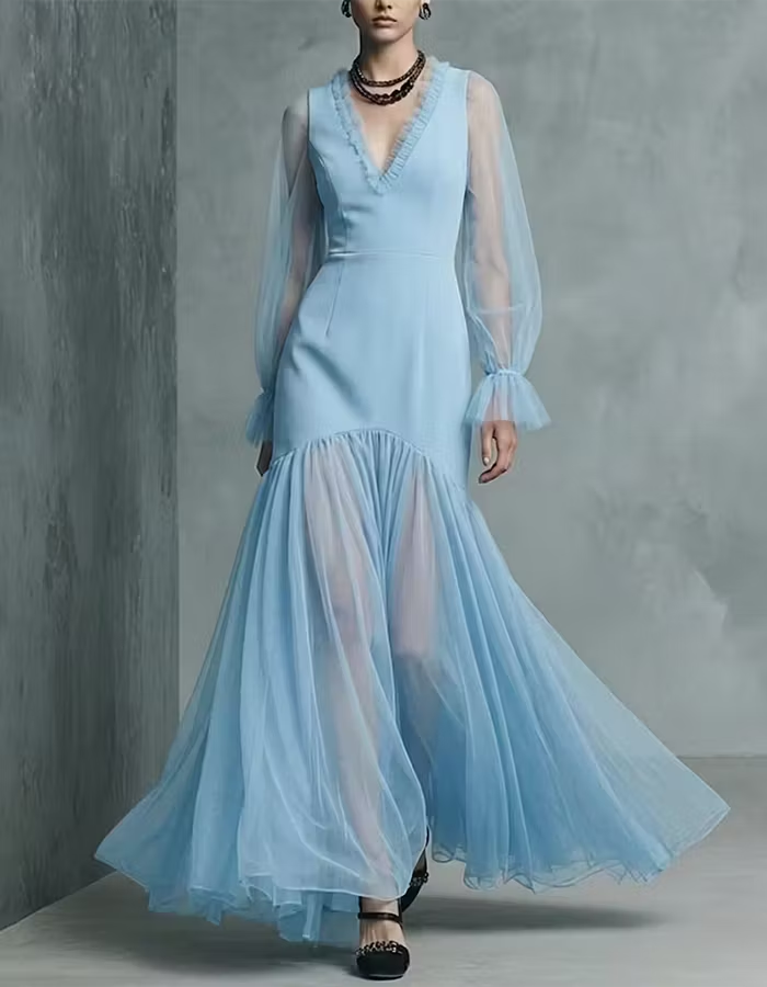Navy Blue Sheer Tulle Mermaid Maxi Dress