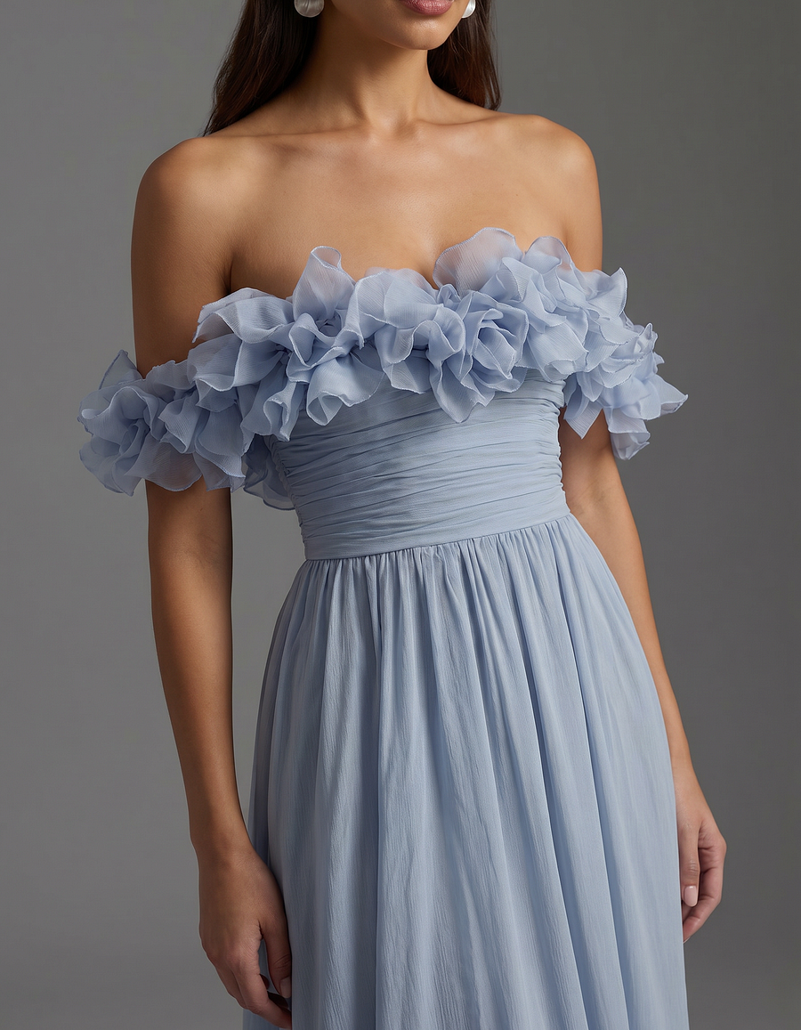 Gray-Blue Chiffon Off-Shoulder Fitted Waist Ruffled Maxi Dress