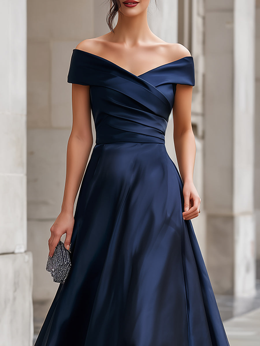 Navy Off-the-Shoulder Satin Gown