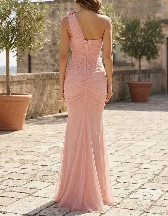 Blush Pink One-Shoulder Ruched Tulle Mermaid Maxi Dress