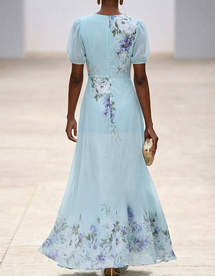 Sky Blue Chiffon Floral Print Maxi Dress