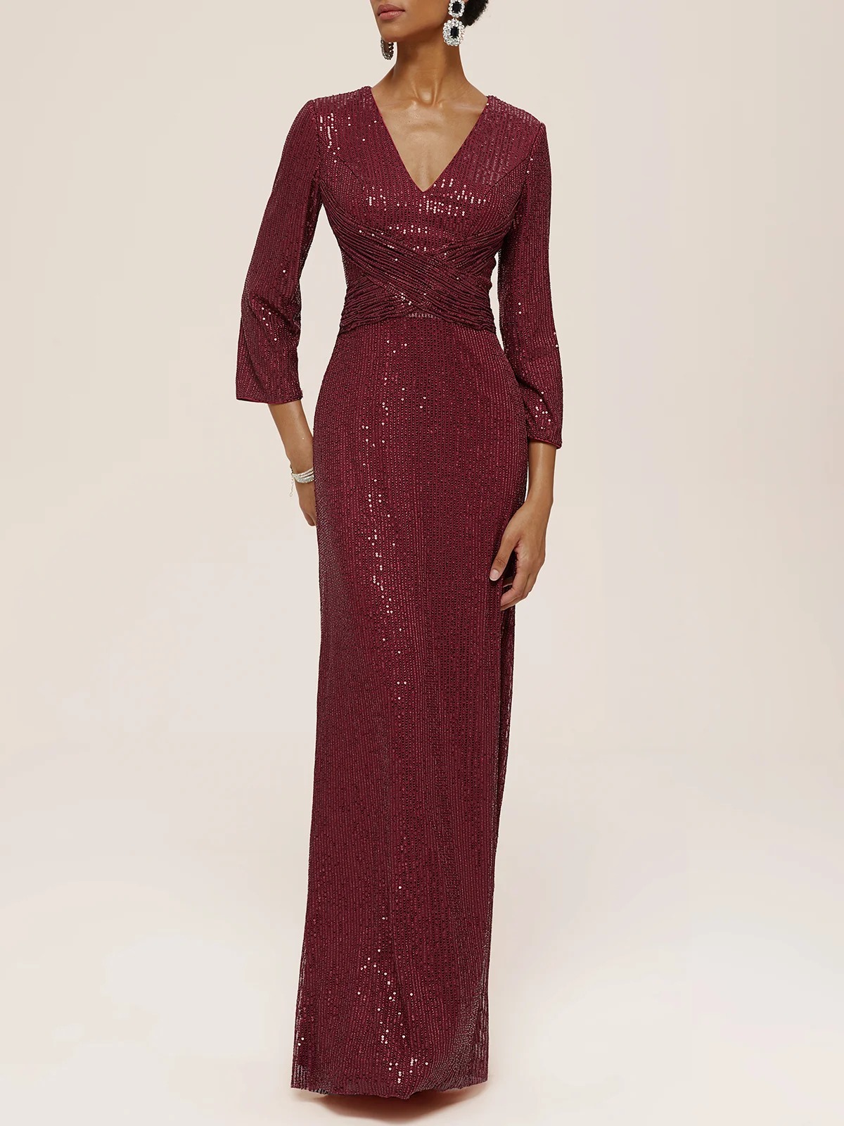 Red Ruched Sequin V Neck Three Quarter Sleeve Sheath Maxi Mother of the Bride or Groom Dress