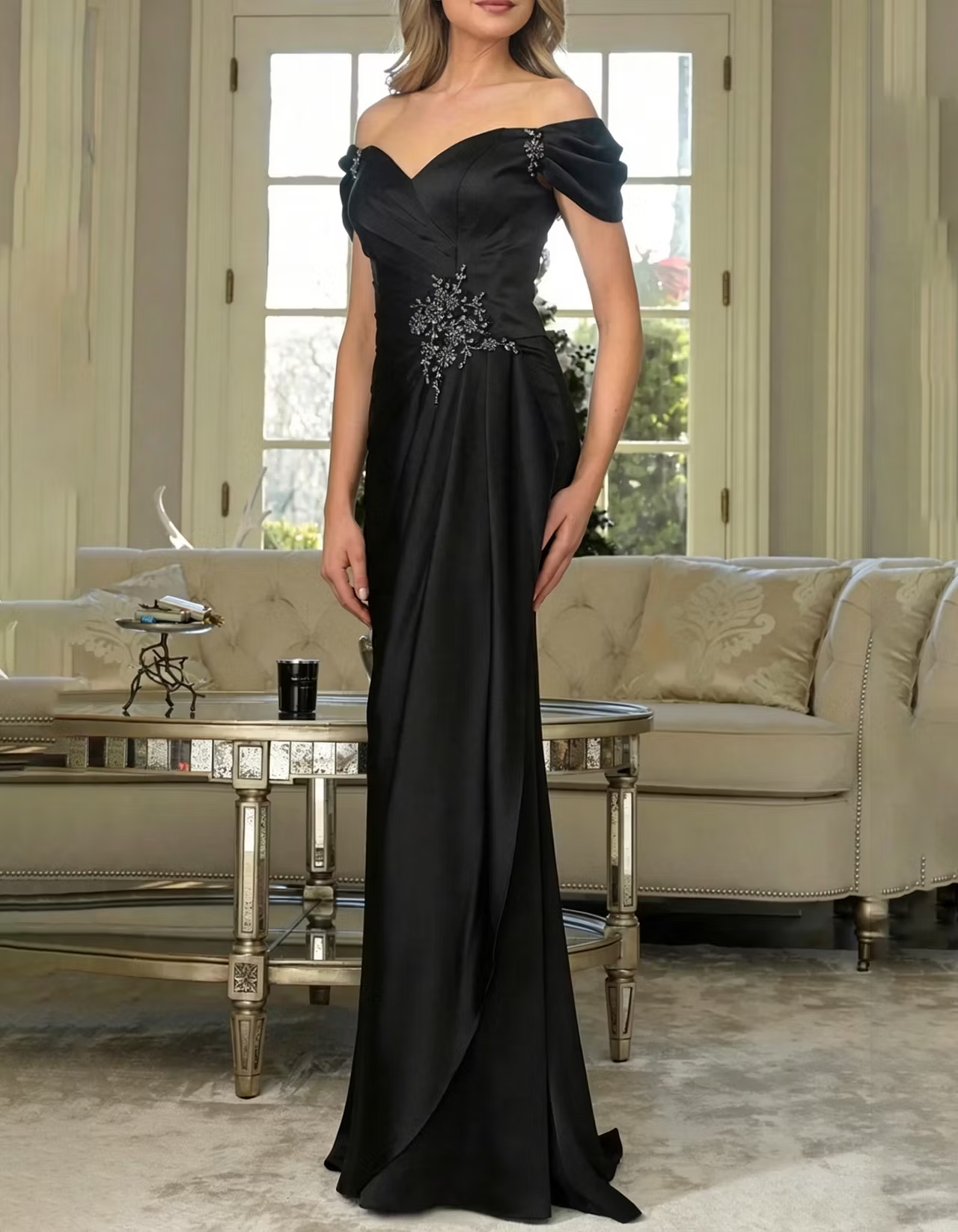 Satin Lace Embroidered Off-Shoulder Maxi Dress