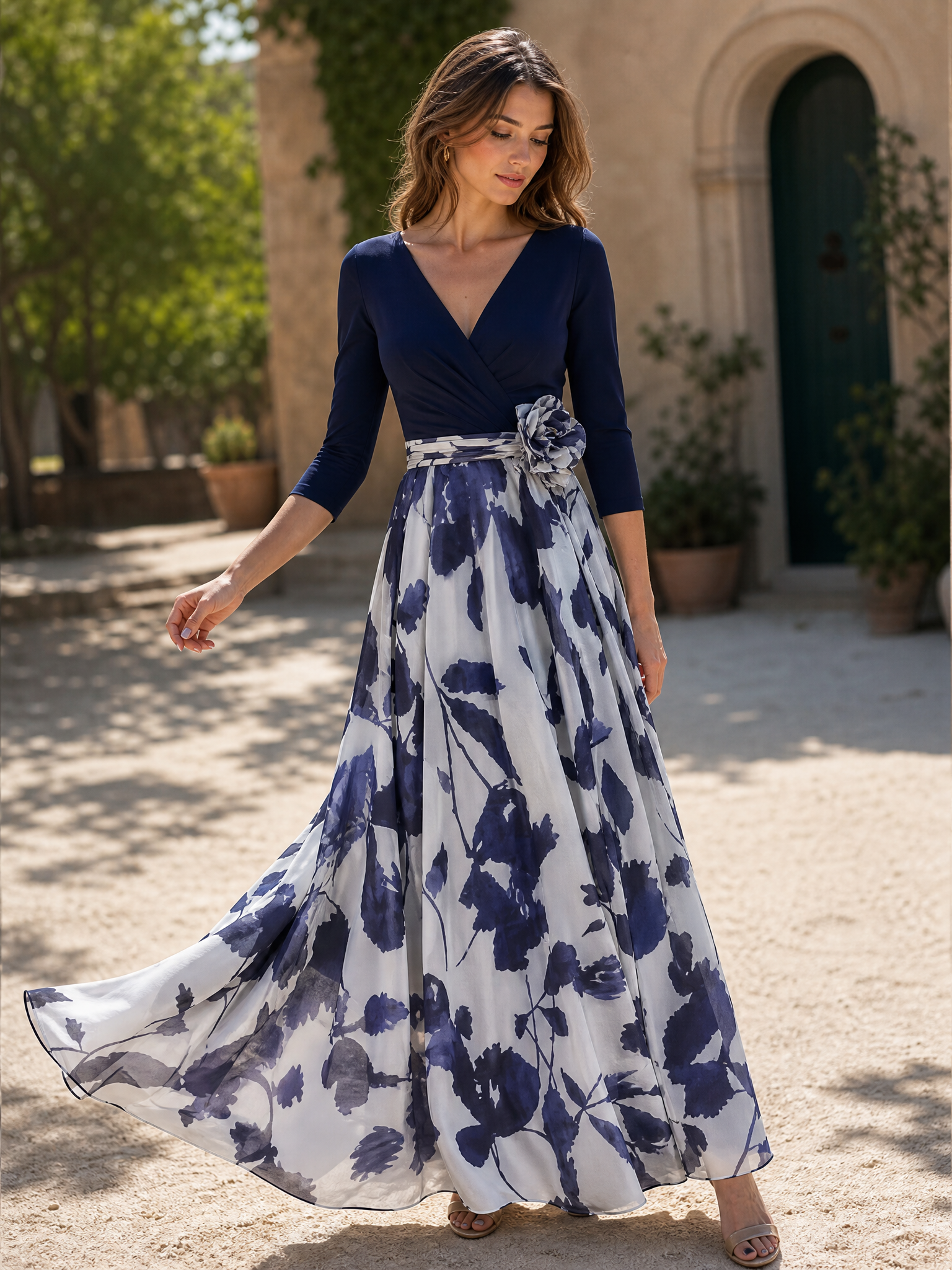 V-Neck Three-Quarter Sleeve Floor-Length Floral Print Chiffon A-Line Gown