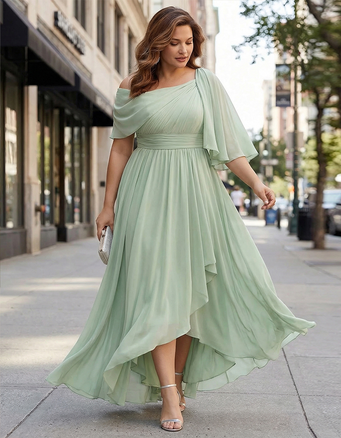 Sage Green Chiffon Asymmetrical Shawl Maxi Dress