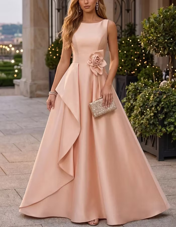 Pink Satin Round Neck A-Line Maxi Dress