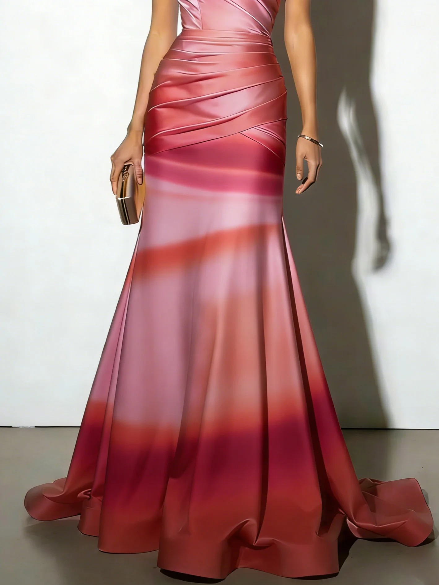 Pink Floral Ruched Satin One Shoulder Sleeveless A-Line Gown Dress