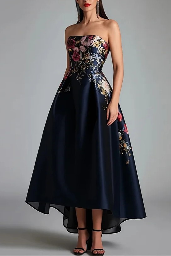Elegant Navy Satin Gown with Strapless Floral Bodice and High-Low Hem