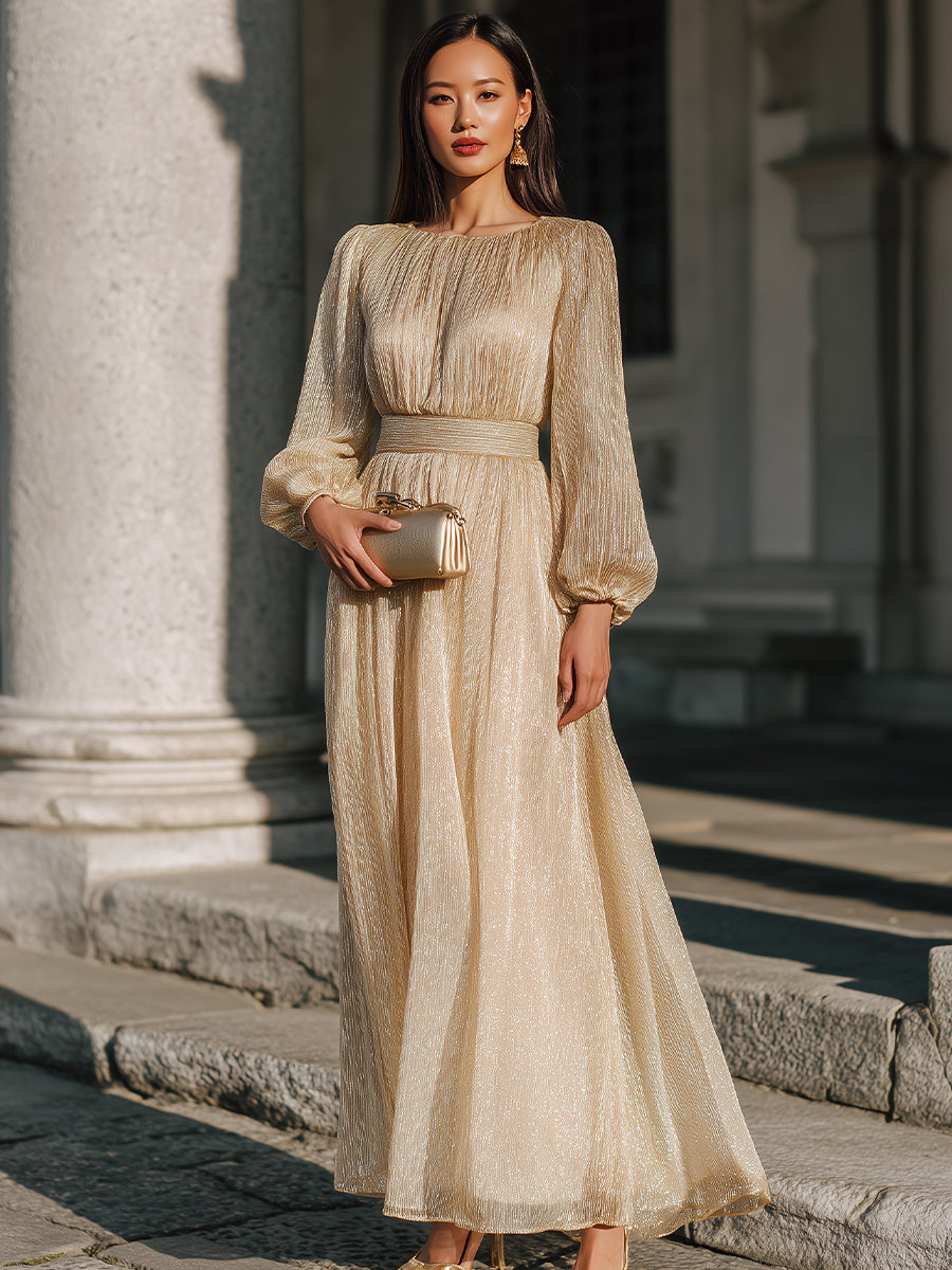 Elegant Champagne Long-Sleeve Pleated Waist Maxi Dress