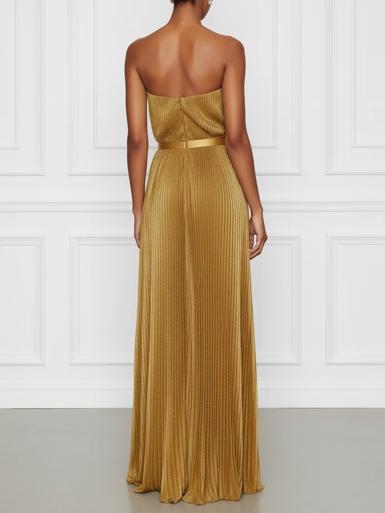 Golden Pleated Satin Strapless Sleeveless Shift Maxi Dress