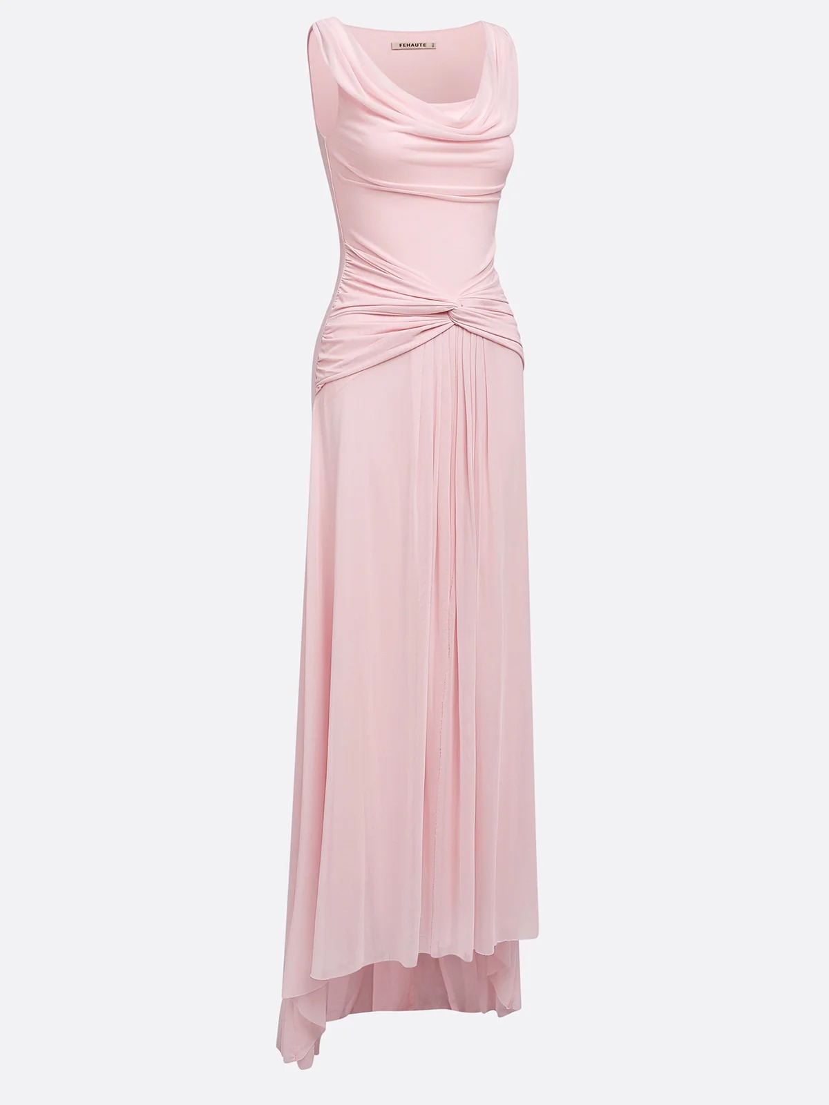 Blush Pink Ruched Slit Tulle Cowl Neck Sleeveless A-Line Maxi Bridesmaid Dress