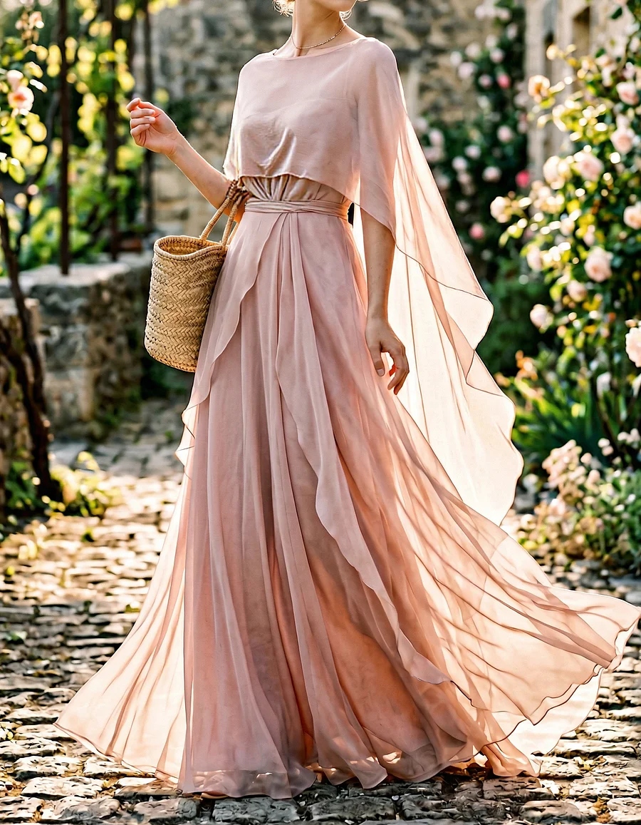 Pink Chiffon Round Neck Shawl Two-Piece Maxi Dress