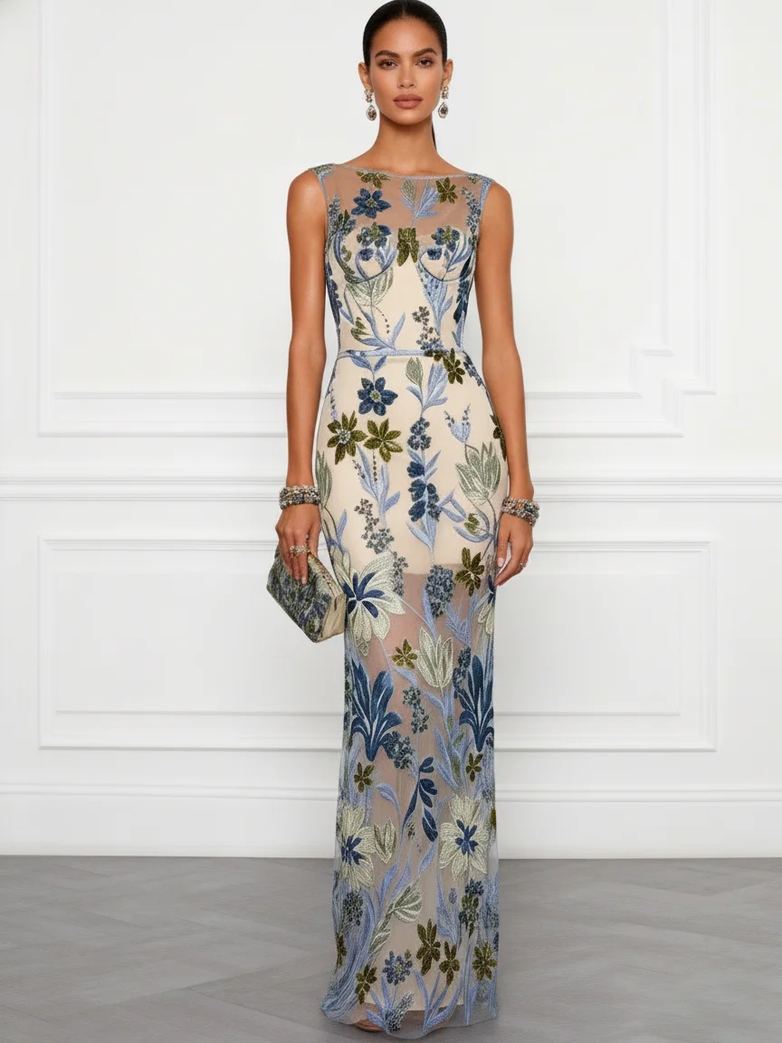 Blue Embroidery Classic Boat Neck Sleeveless Mermaid Floor-length Gown Dress
