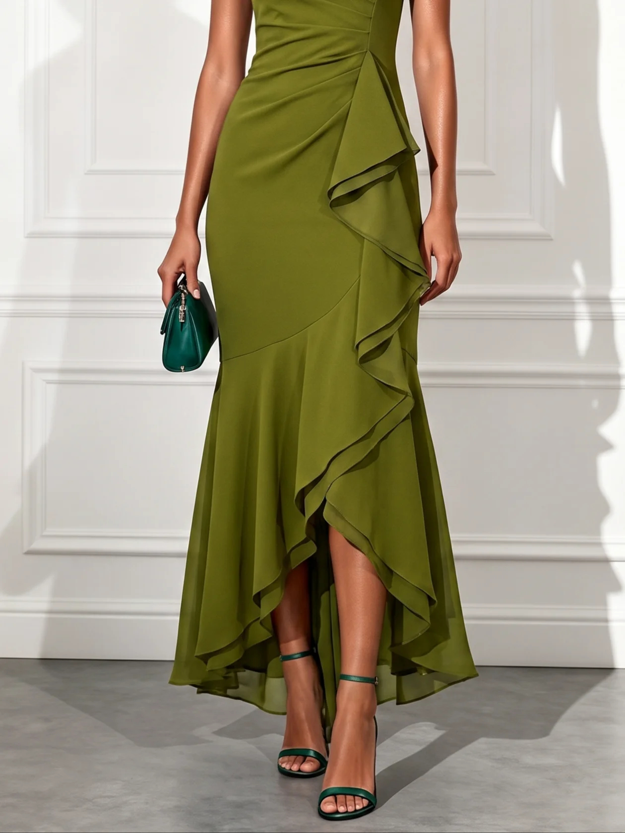 Olive Green Sleeveless Ruched Ruffle High Low Midi Dress