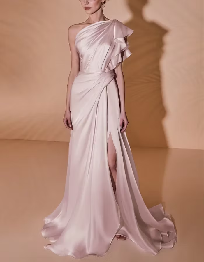 Lavender One-Shoulder Ruffled Draped Maxi Dress