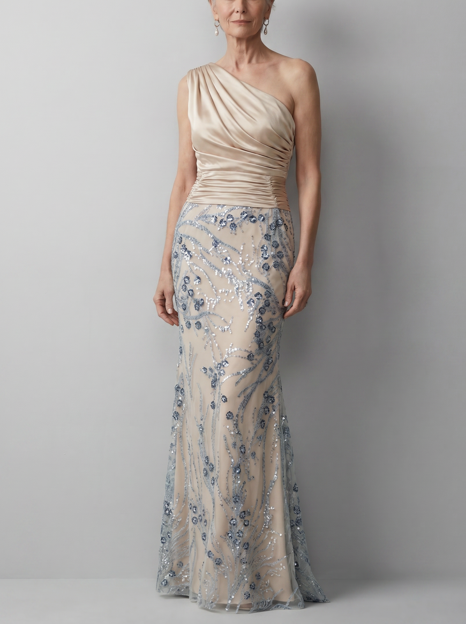 Champagne One-Shoulder Satin & Sequin Embellished Mermaid Gown