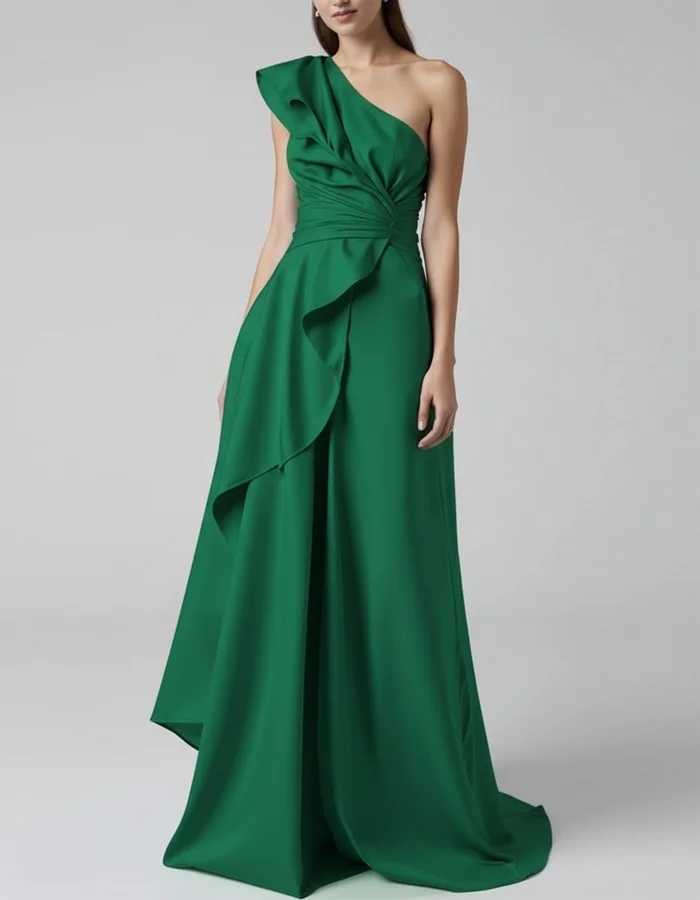 One-shoulder Pleated Satin Asymmetrical Ruffle Maxi Dress