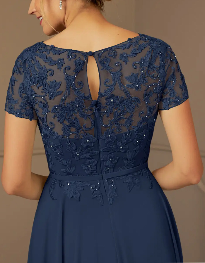 Dark Navy Sequined Chiffon A-Line Maxi Dress