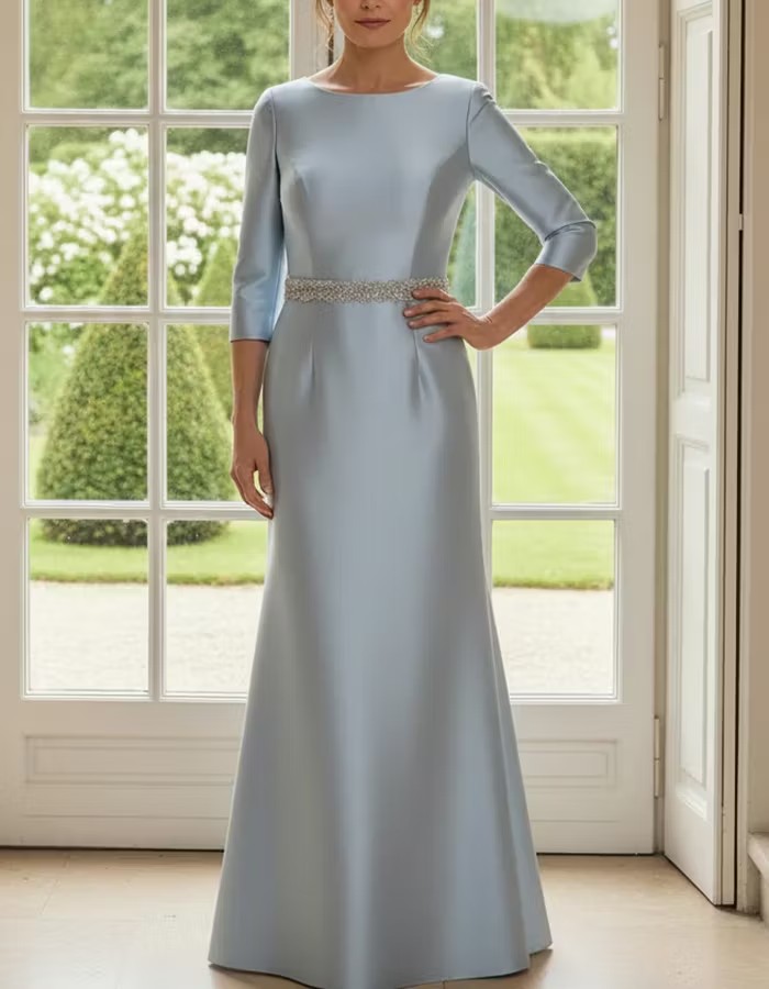 Light Blue Boat Neck 3/4 Sleeve Satin Maxi Dress