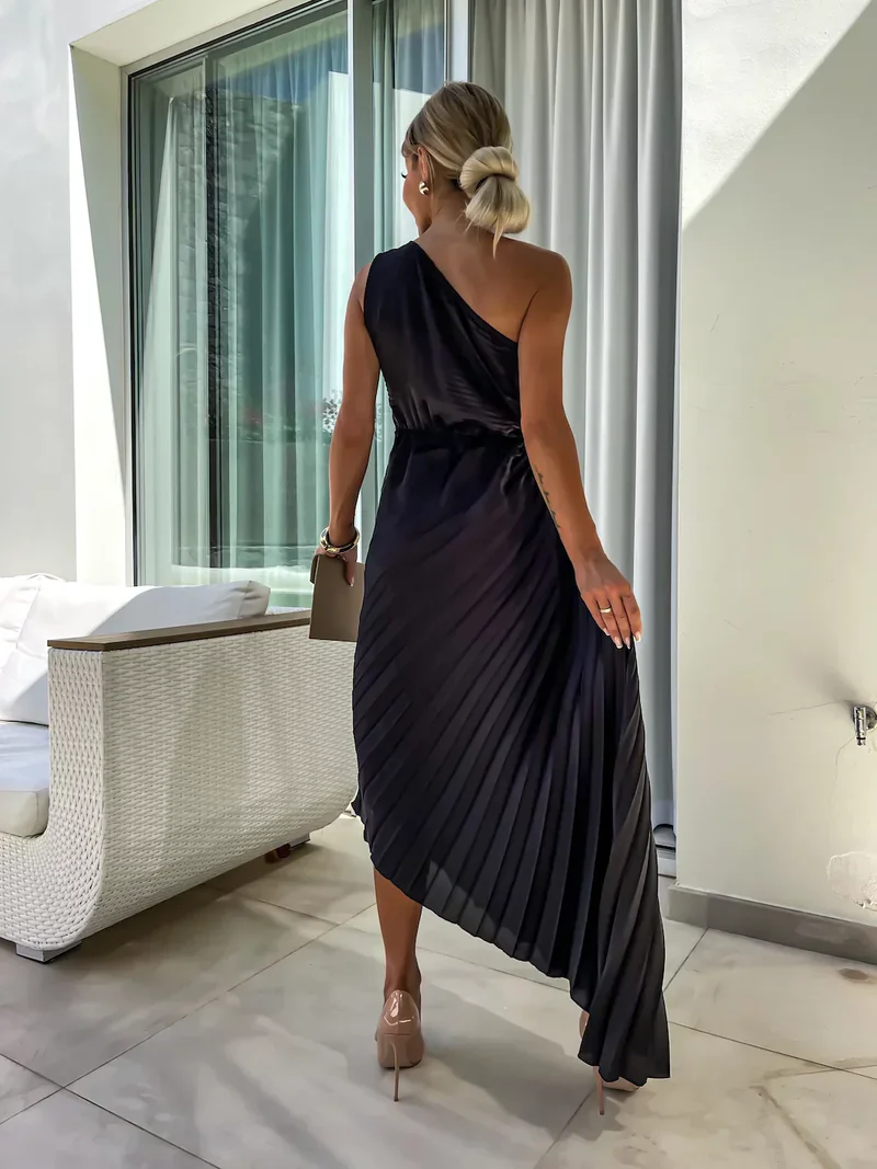 Formal Wedding Guest Dress: Green Satin Pleated Midi