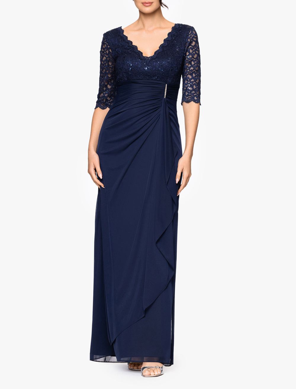 3/4 Sleeve Sheer Matte Jersey Long Dress