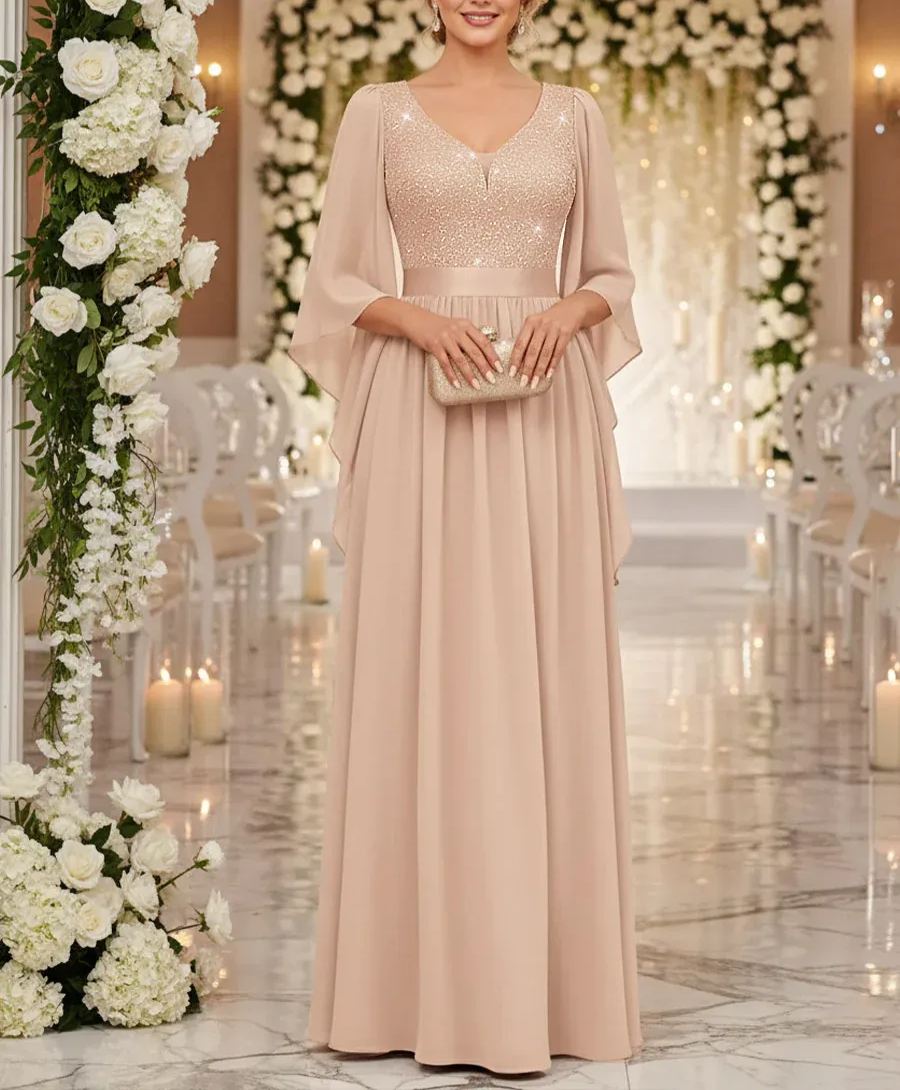 A-Line/Princess V Neck Long Sleeve Floor-Length Mother of the Bride Dresses with Sequin