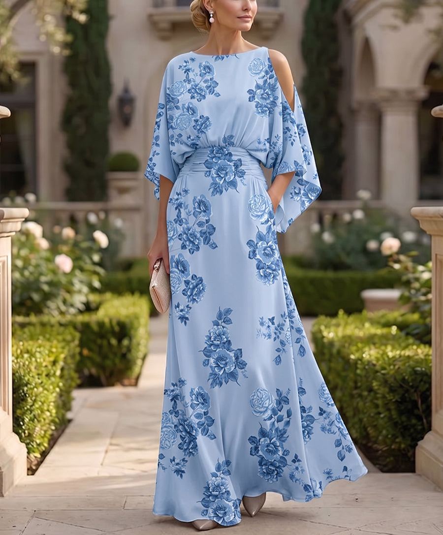 Floral Print A-Line/Princess Scoop Neck Floor-Length Mother of the Bride & Groom Dresses with Pockets