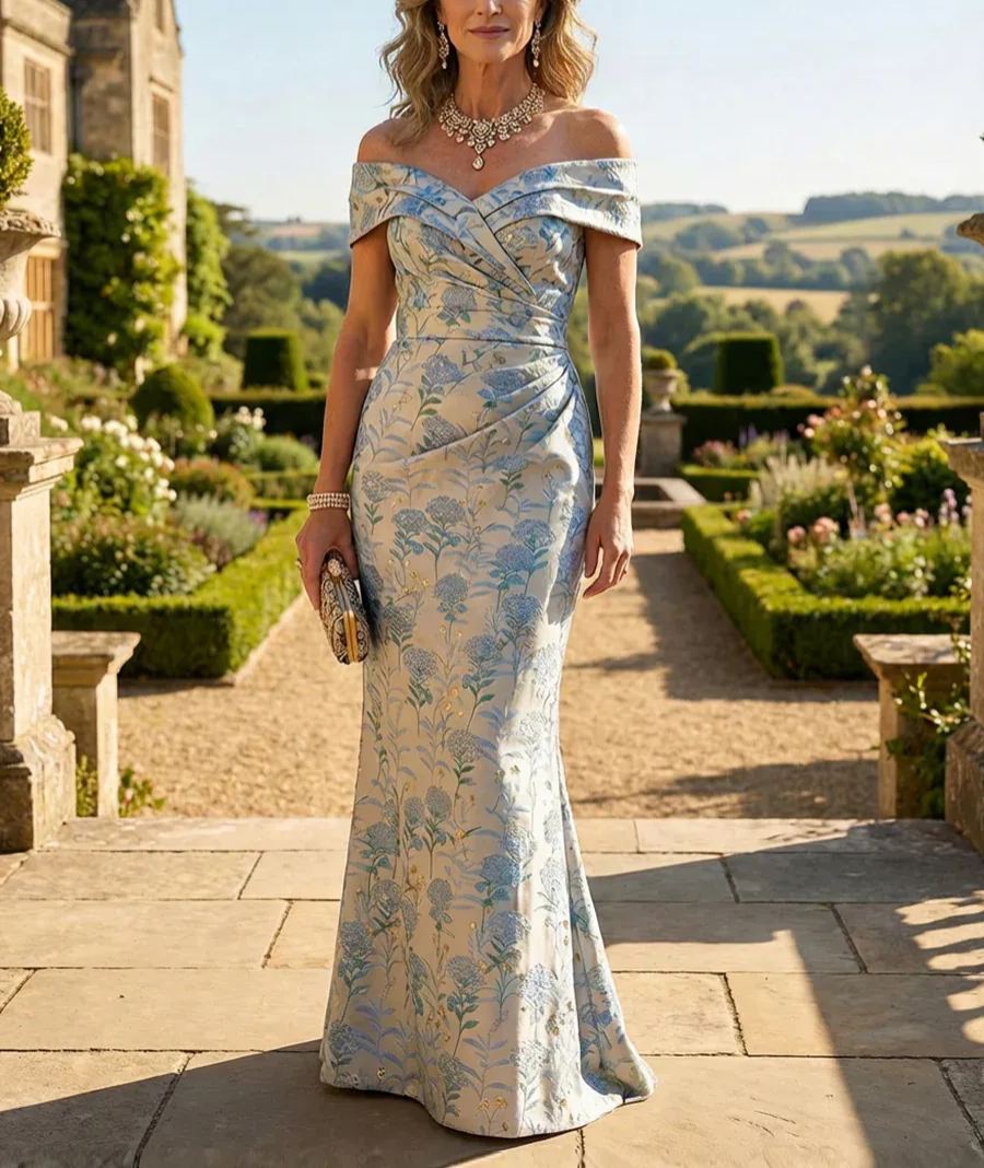 Mermaid Short Sleeve Sweetheart Floor-Length Mother of the Bride Dresses with Jacquard
