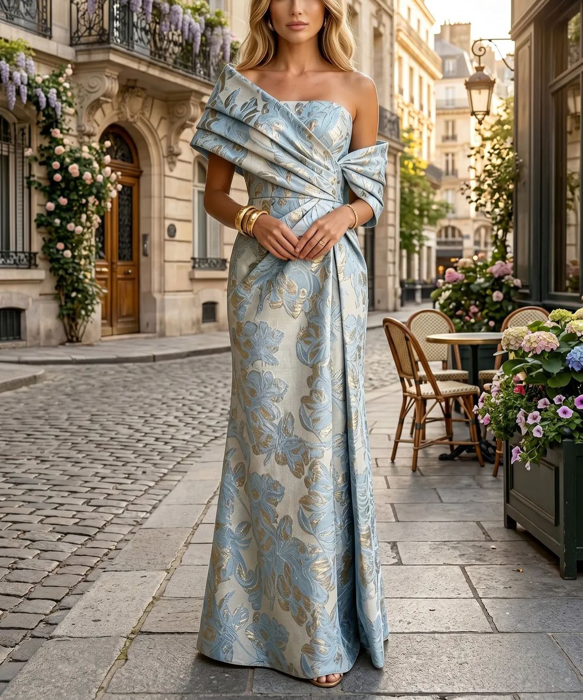 Sheath Satin Jacquard Off Shoulder Floor-Length Mother of the Bride & Groom Dresses