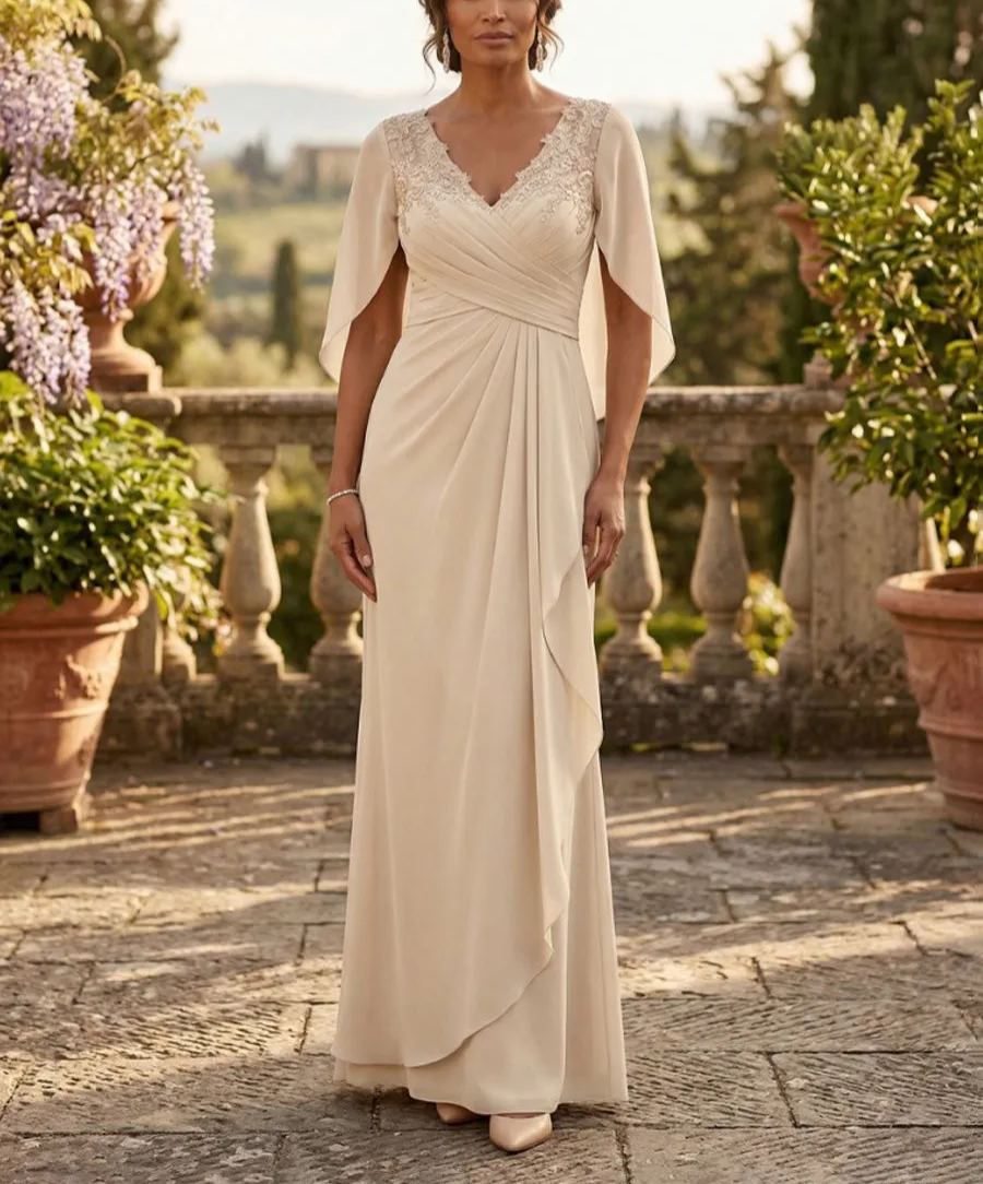 A-Line Chiffon Cape Sleeves Floor-Length Mother of the Bride & Groom Dresses with Ruched Waist