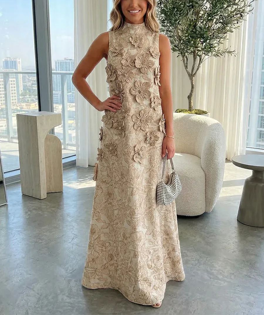 A-Line 3D Floral Appliques Jacquard High Neck Formal Dresses for Women