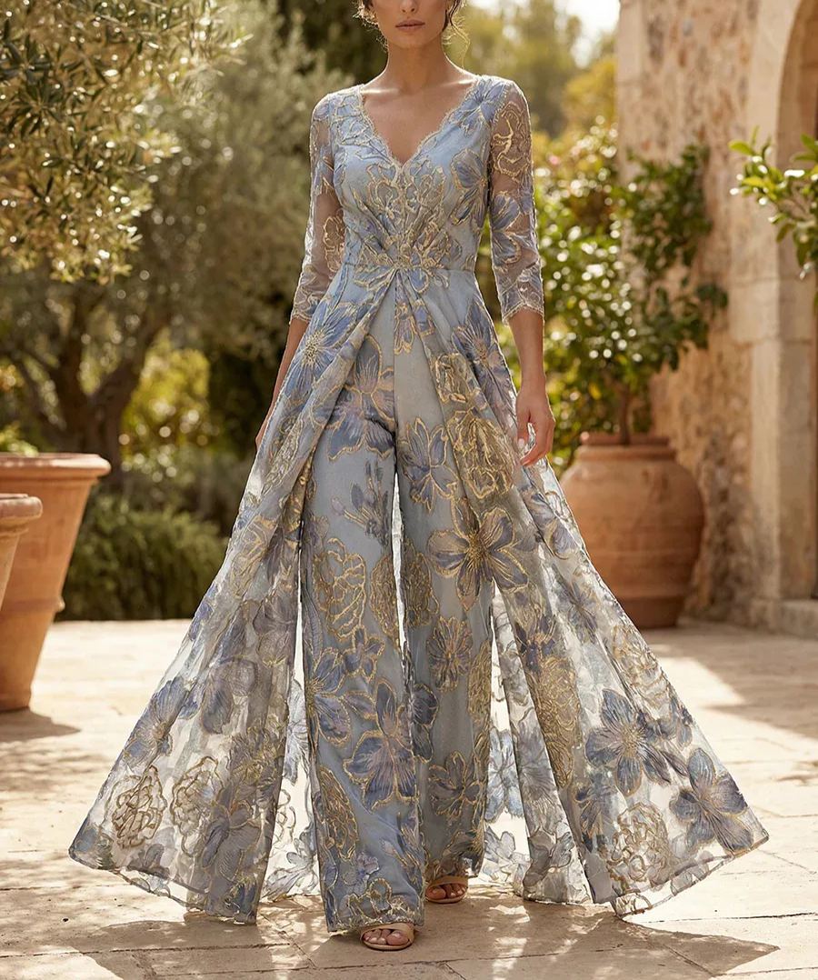 Floral Jacquard 3/4 Sleeves V-Neck Mother of the Bride & Groom Jumpsuit with Ruched Waist