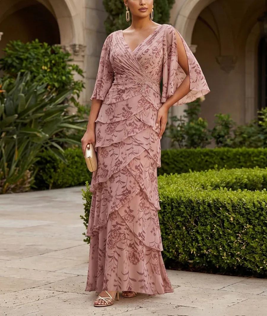 A-Line Chiffon Floral Print 3/4 Cape Sleeves Tiered Mother of the Bride & Groom Dresses with Beaded Waist Embellishment