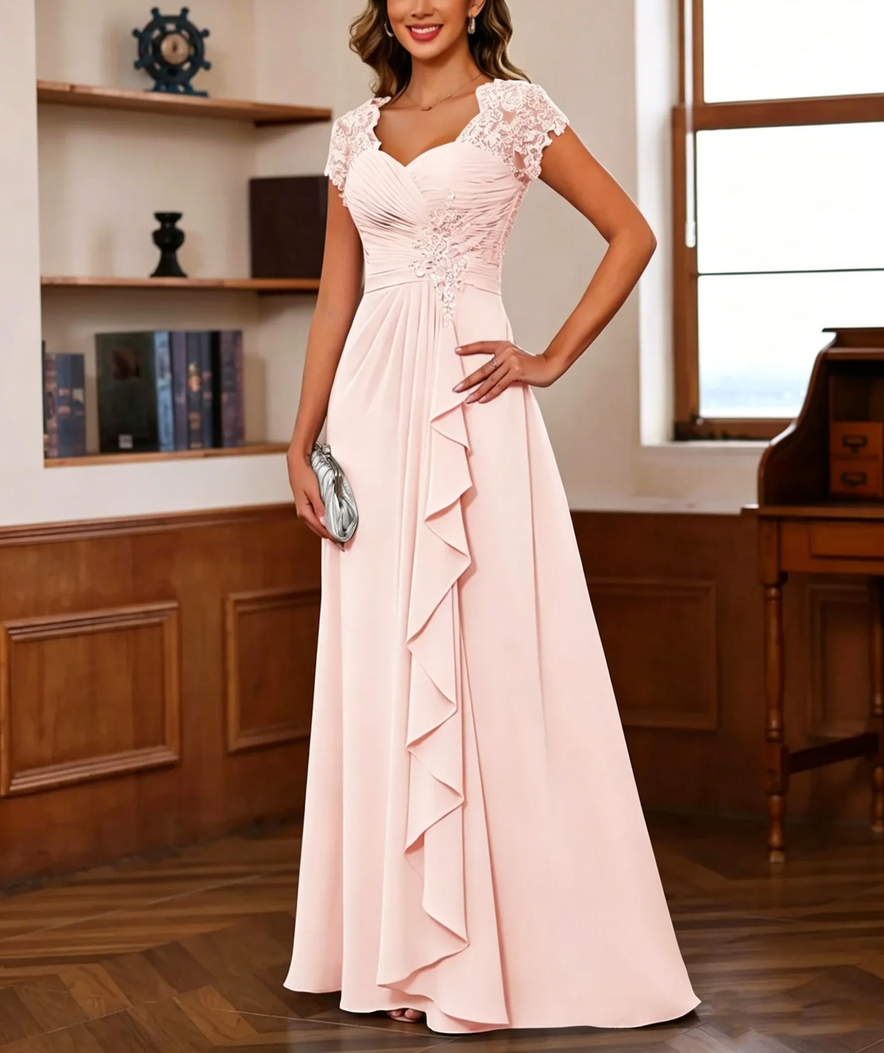 A-Line/Princess V-Neck Short Sleeves Pleated Mother of the Bride & Groom Dresses with Ruffles & Appliques