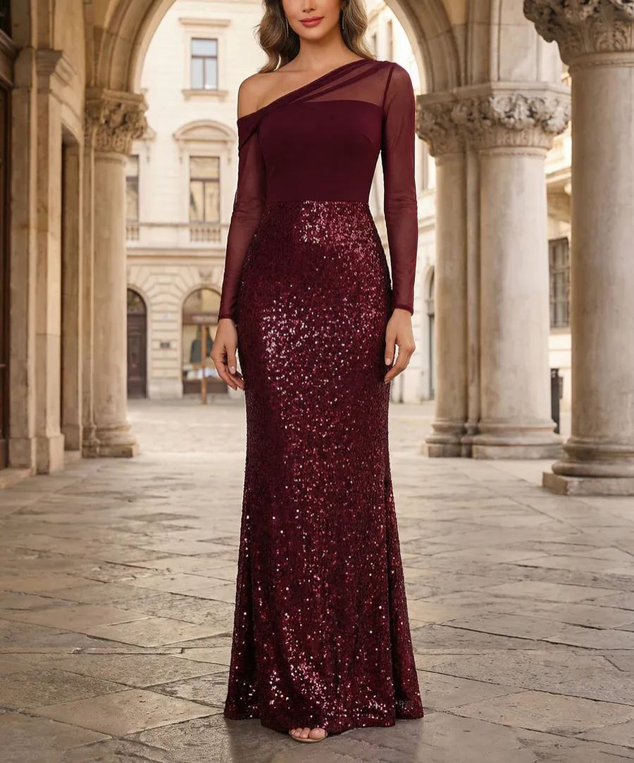 Sheath One-Shoulder Long Sleeve Floor Length Mixed Mother of the Bride Dresse