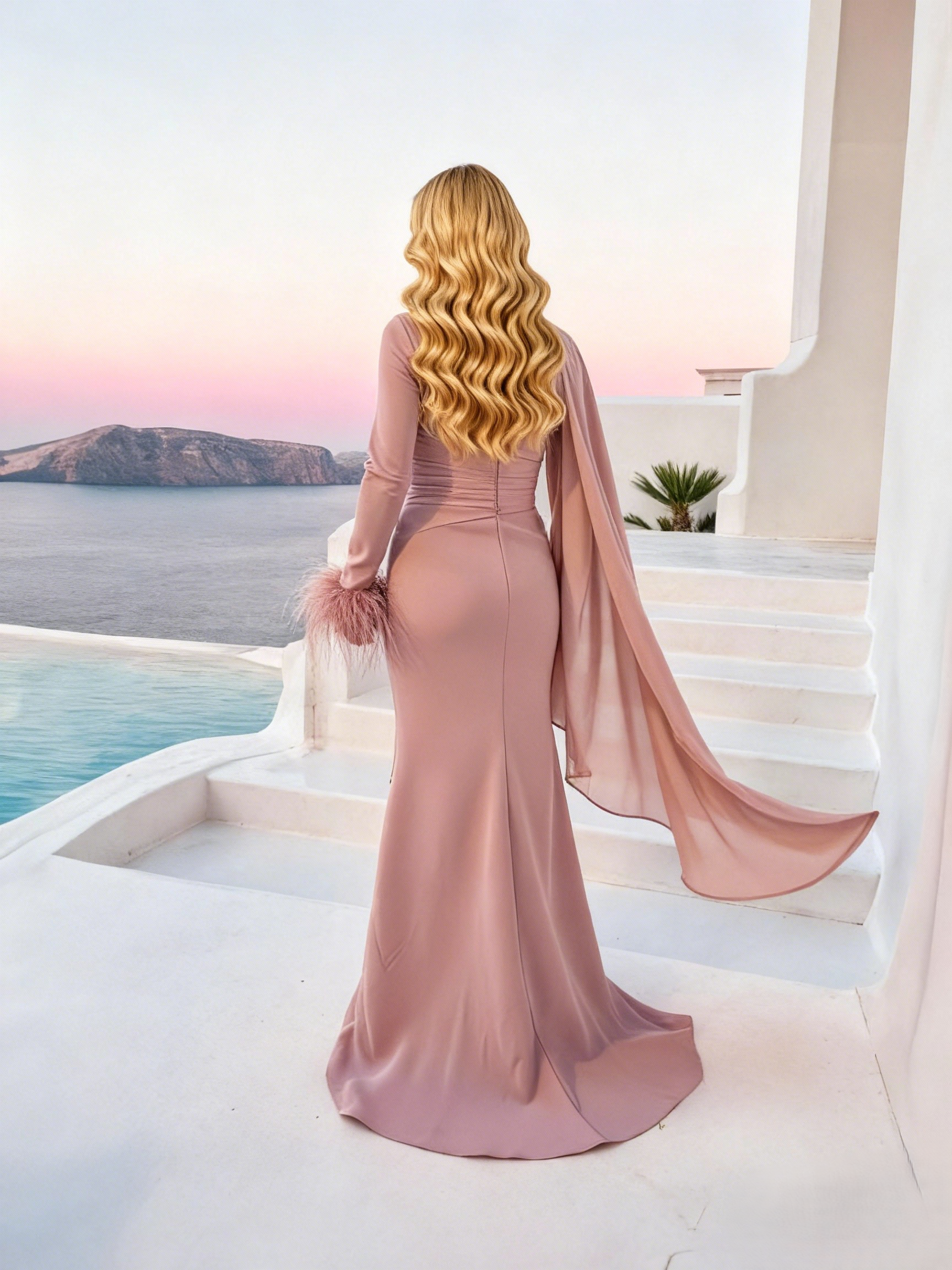 Pink Asymmetric Chiffon Sheath Gown With Train And Long Sleeves