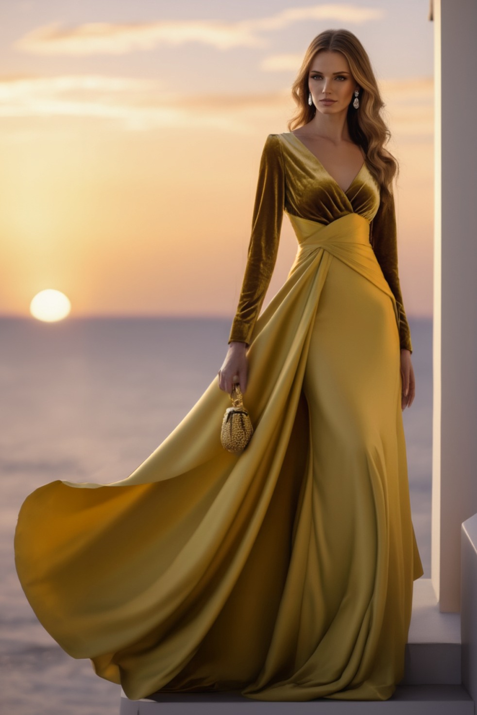 Evening Gold Velvet Maxi Dress V-Neck Long Sleeve Gown with Train