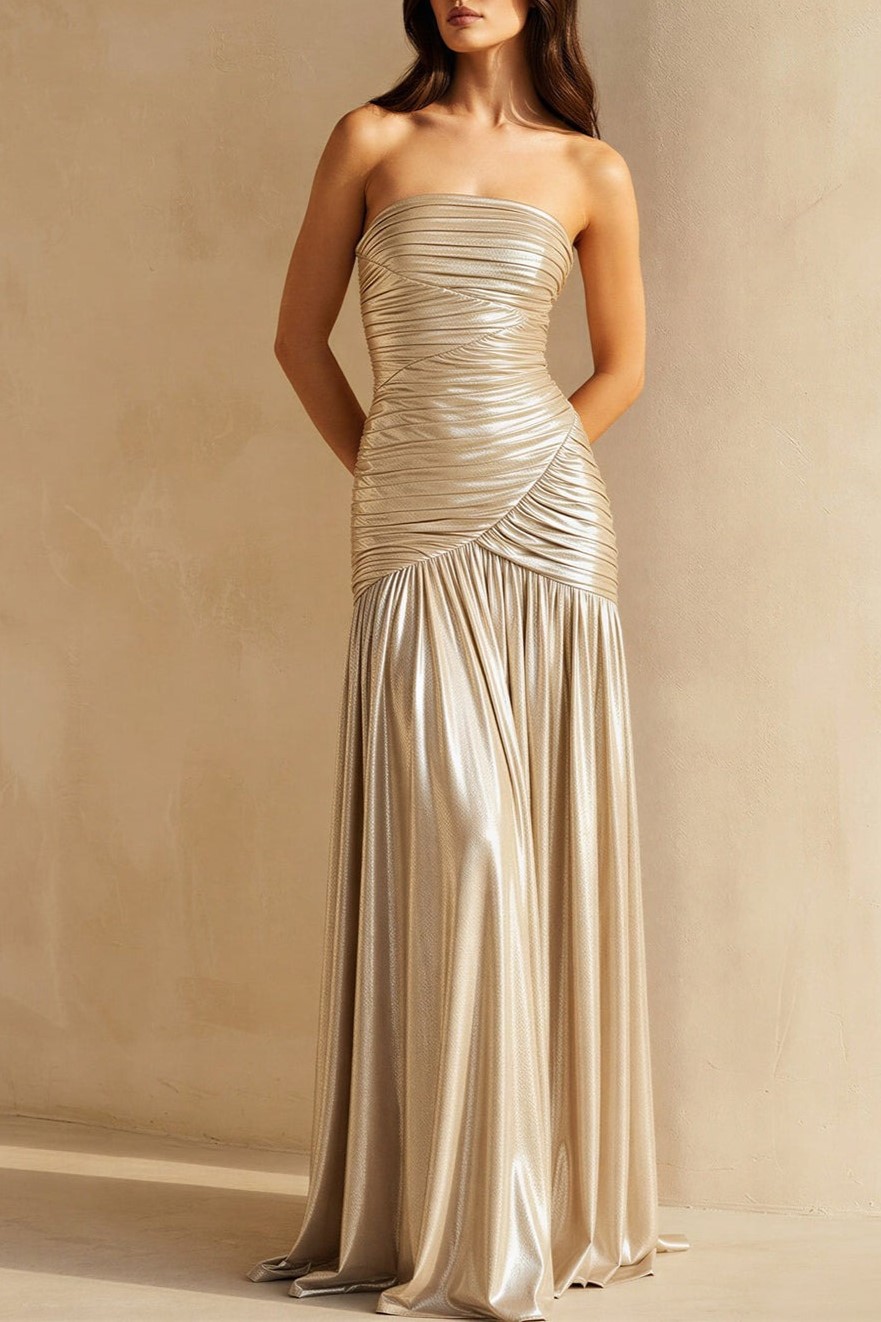 Champagne Metallic Pleated Maxi Dress With Slit