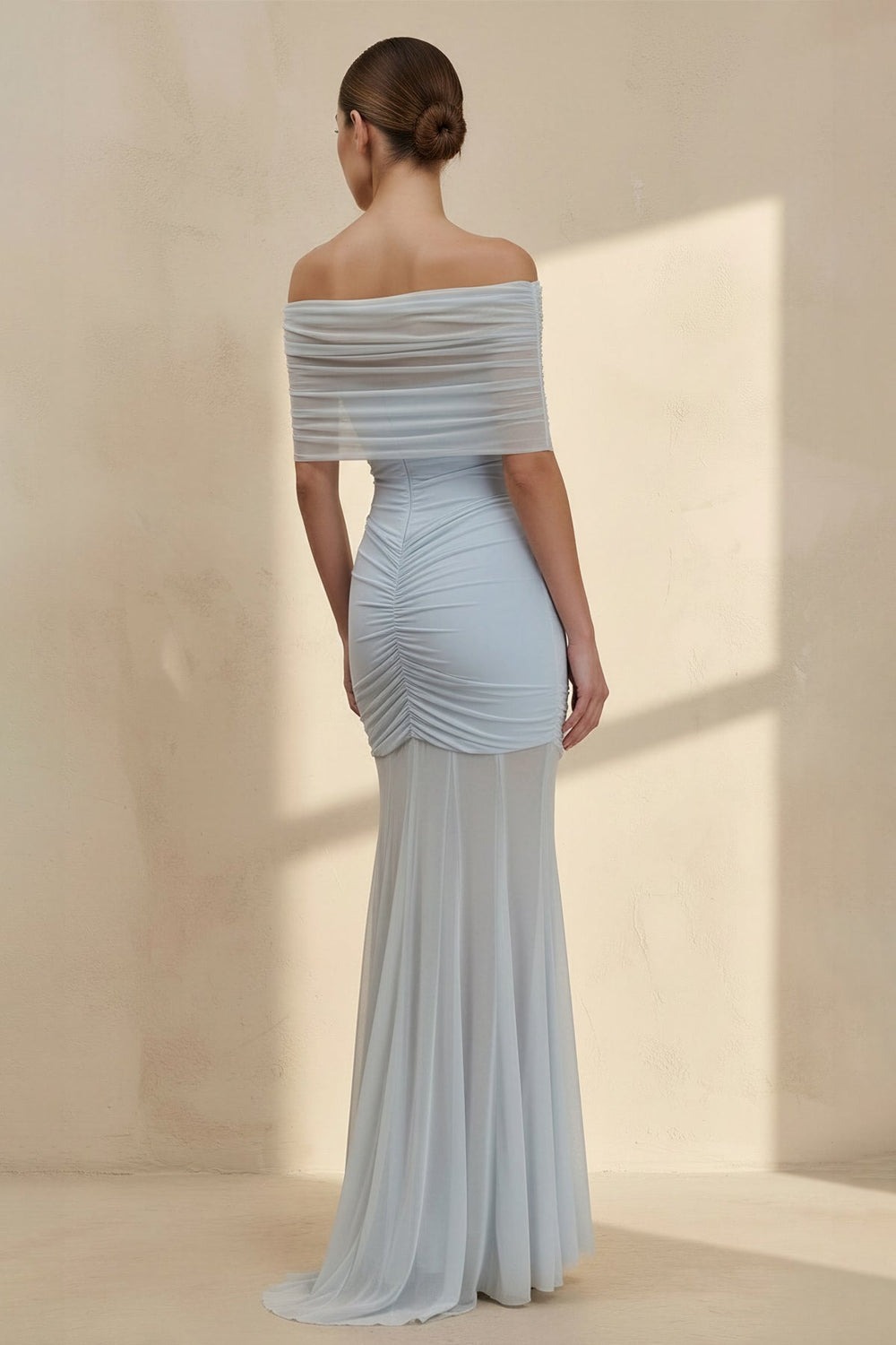 Light Blue Off The Shoulder Ruched Maxi Dress