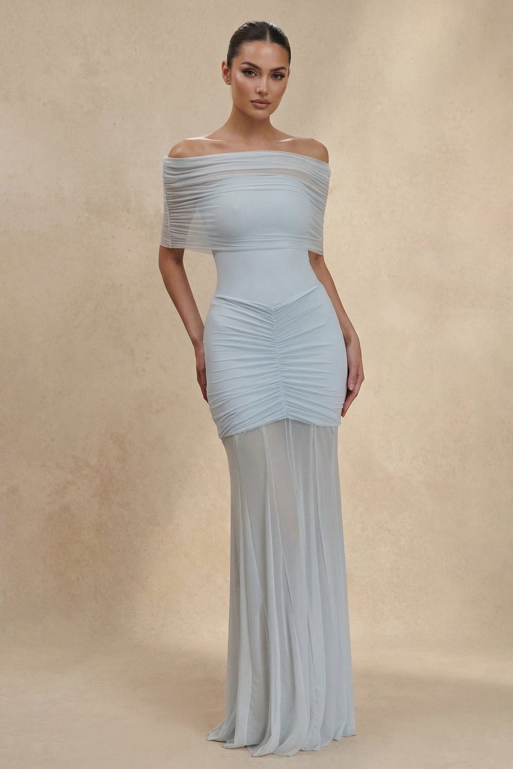 Light Blue Off The Shoulder Ruched Maxi Dress