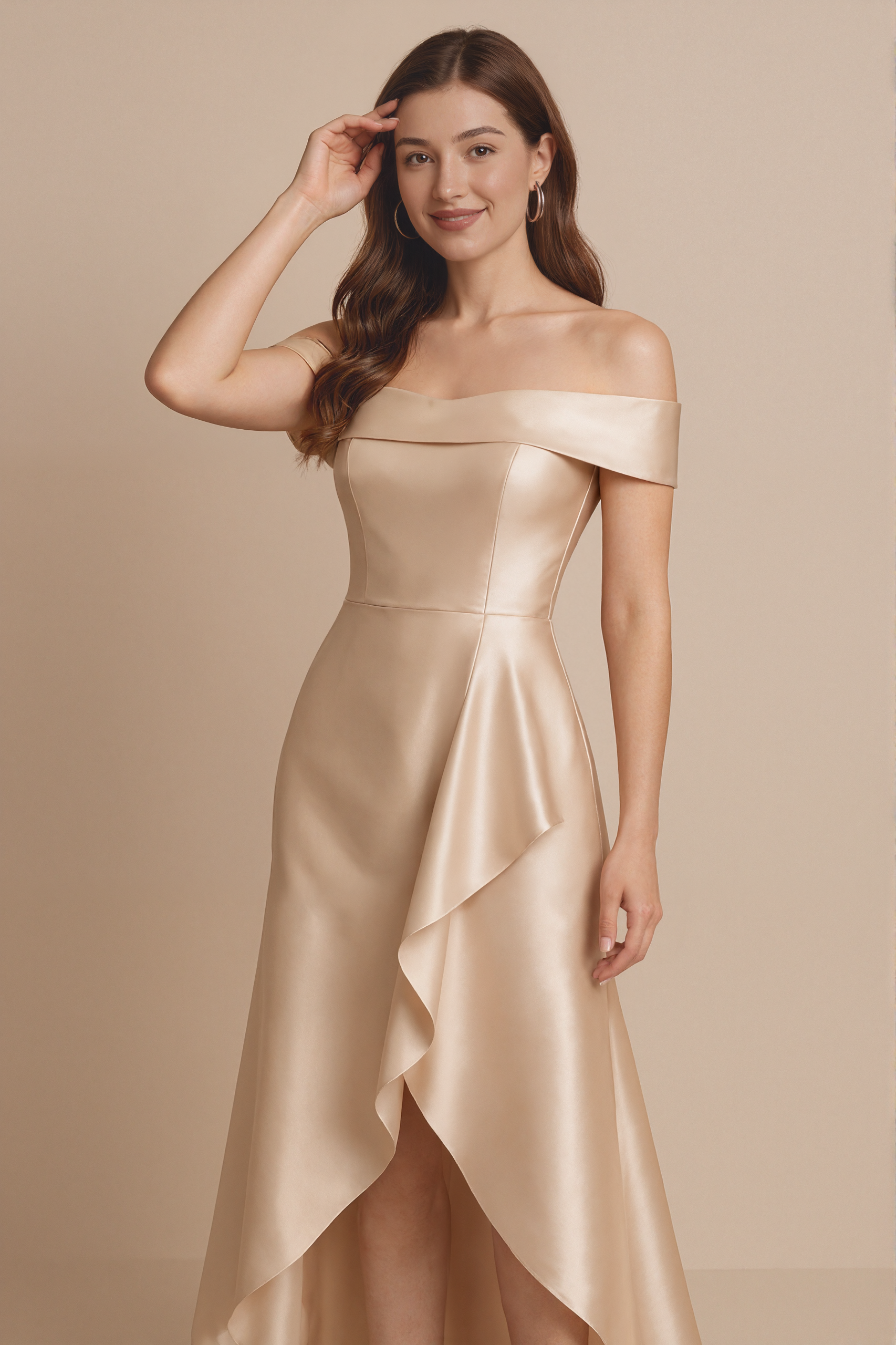 Formal Evening Dress Champagne Satin Off-Shoulder Draped Gown