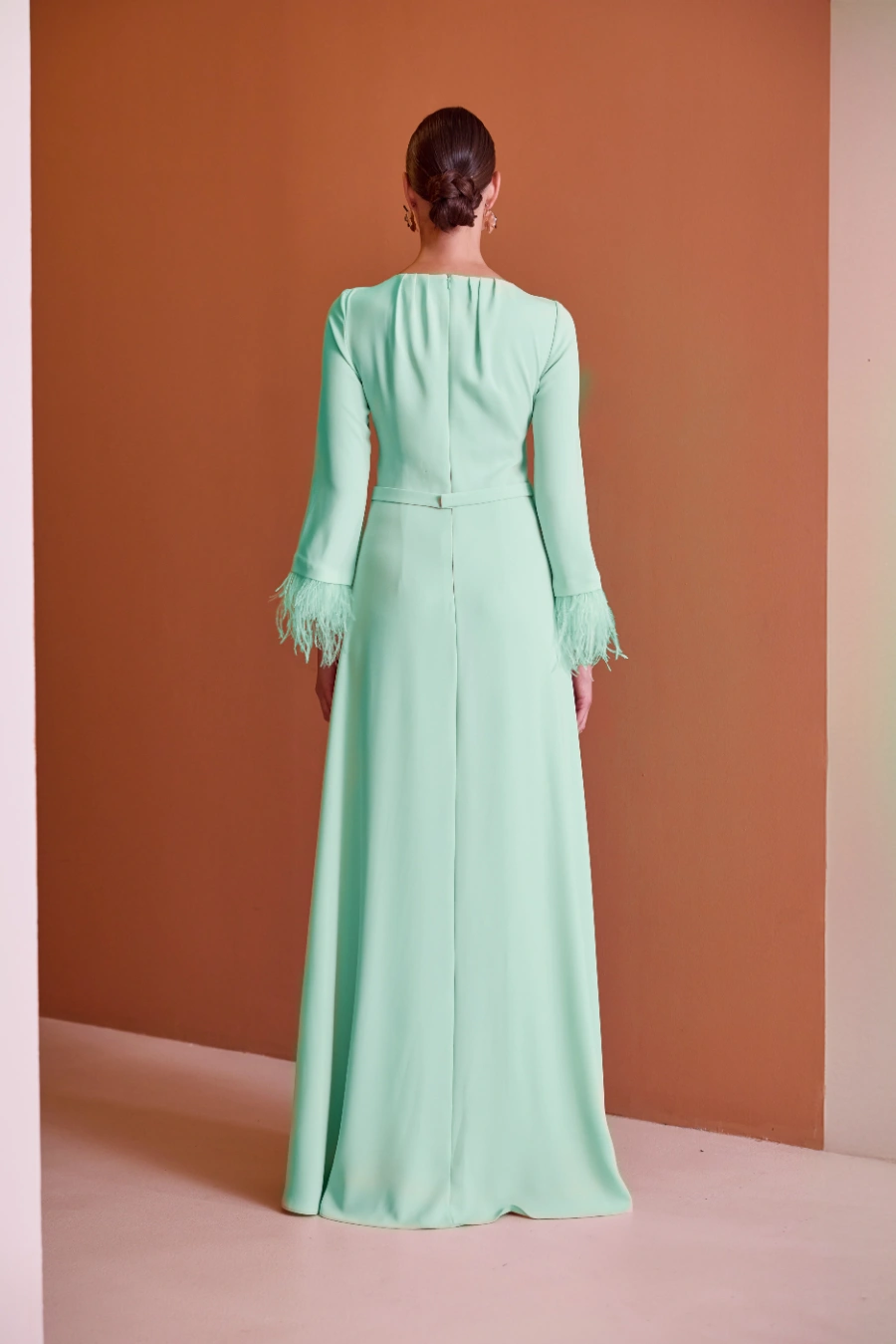 Sophisticated Feather-Trimmed Mint Jumpsuit