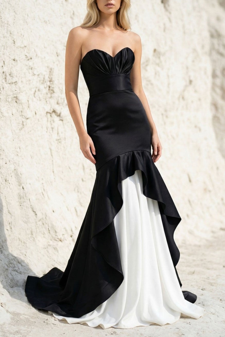 Black and White Satin Ruffled Mermaid Strapless Evening Prom Dress